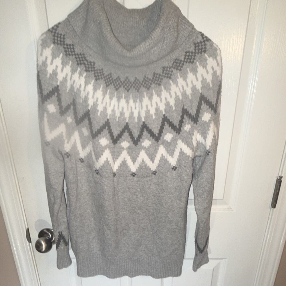 LOFT Gray White Fair Isle Cowl Neck Ribbed Knit Pullover Sweater Women's S